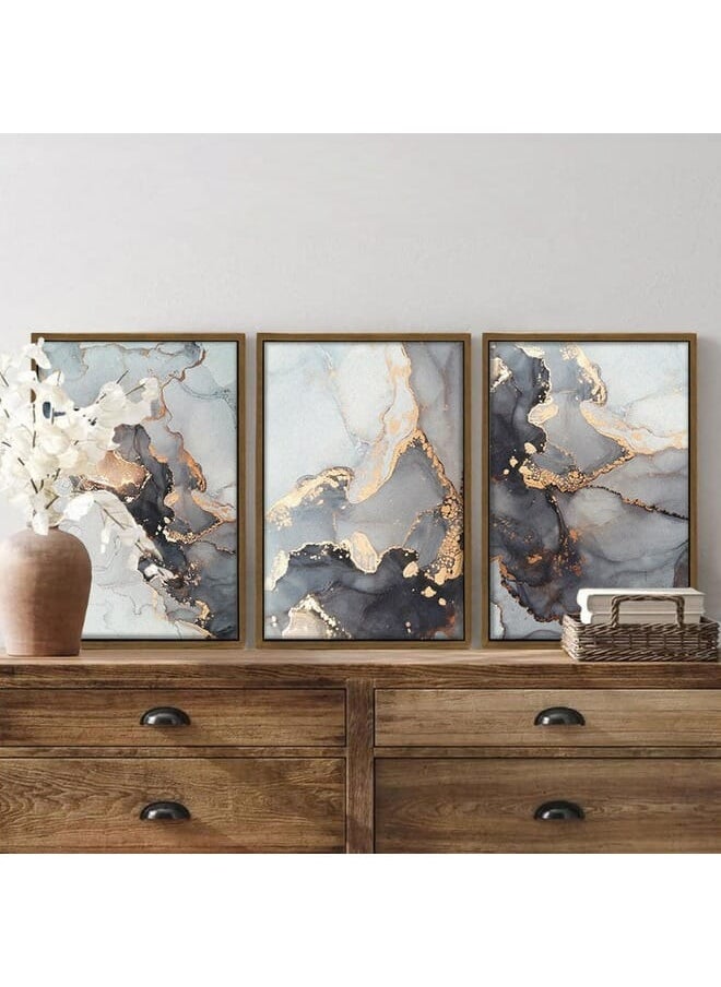 Home Gallery - Set Of 3 Grey Golden Art Marble Texture Abstract Framed Wall Art - Image 1