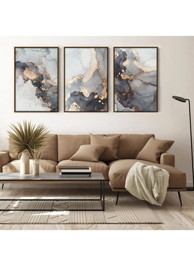 Home Gallery - Set Of 3 Grey Golden Art Marble Texture Abstract Framed Wall Art - Image 1