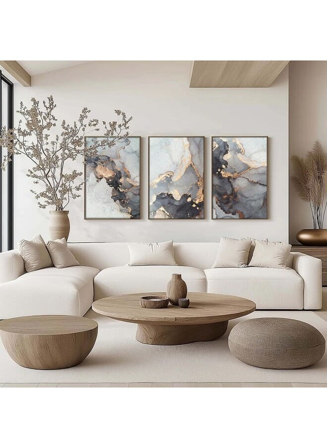 Home Gallery - Set Of 3 Grey Golden Art Marble Texture Abstract Framed Wall Art - Image 1