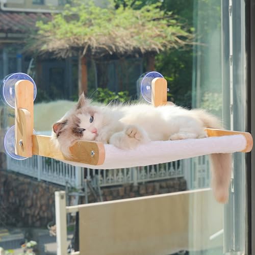 Aloxina Cat Window Perch with Wooden Frame Aloxina Foldable Cat Hammock Bed for Indoor Cats Soft Rabbit Fur Cover Washable Strong Suction Cups No Drilling Supports Large Cats - Image 1