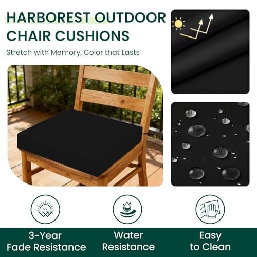 HARBOREST Outdoor Chair Cushions Set of 4 Water Resistant Patio Chair Cushions with Ties Square Corner Outdoor Seat Cushions for Patio Furniture 185x16x3 Black - Image 3