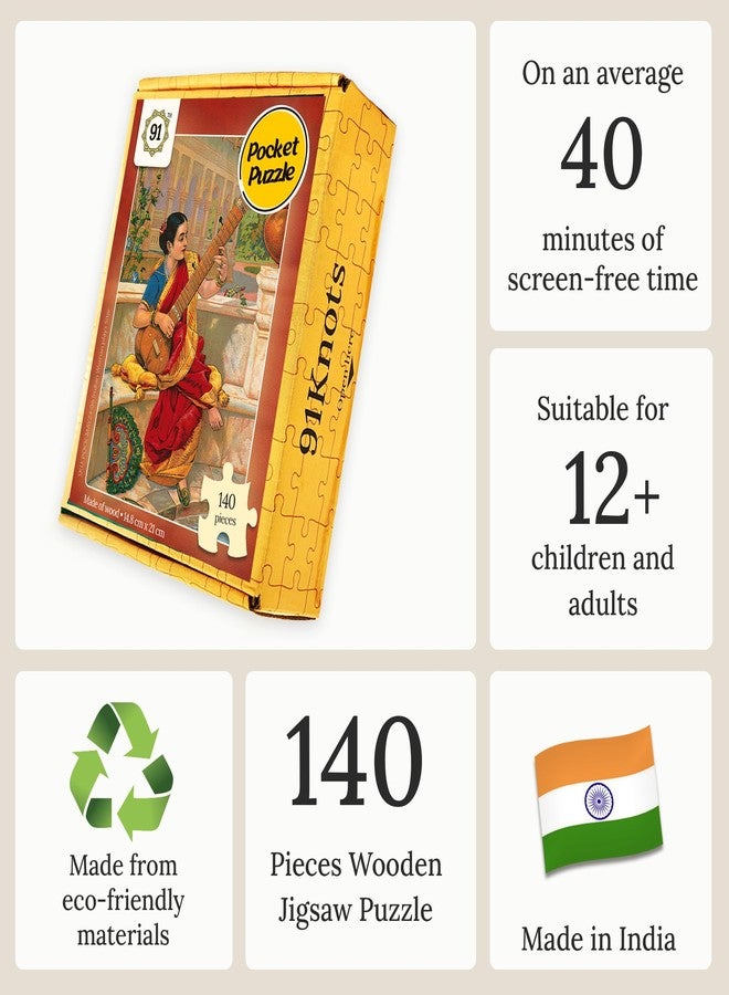 91Knots | Woman Playing Sitar 140 Pieces Premium Wooden Jigsaw Puzzle for Adults & Teens | Indian Classical Art Brain Teaser | Relaxing Mindfulness Game - Image 3
