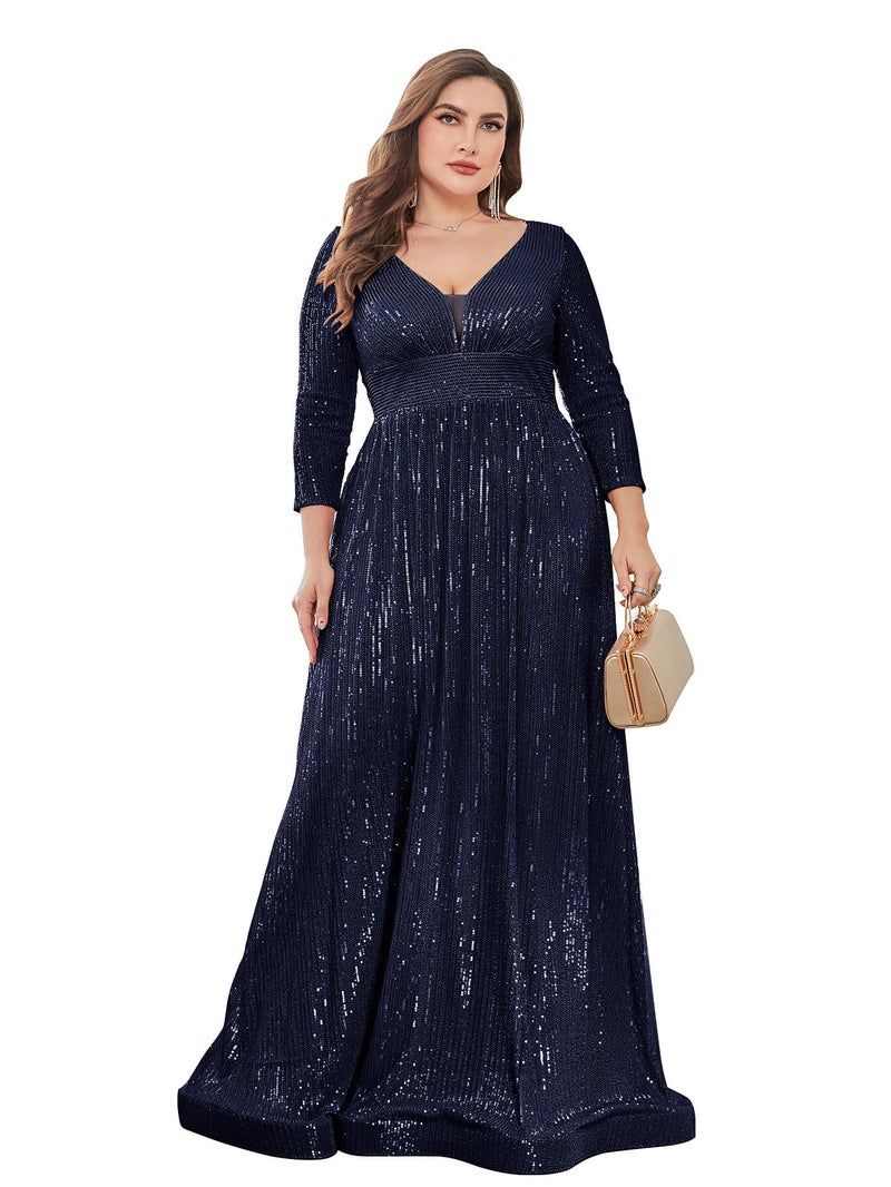 XUIBOL Plus Size Womens Prom Gown Glittery Sequins Long Sleeve V Neck Evening Dress Navy Blue 12 - Image 1