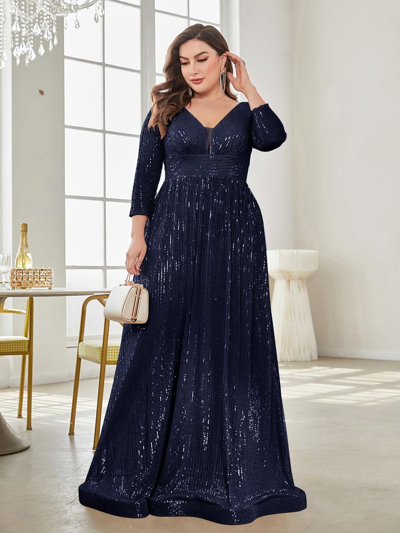 XUIBOL Plus Size Womens Prom Gown Glittery Sequins Long Sleeve V Neck Evening Dress Navy Blue 12 - Image 3