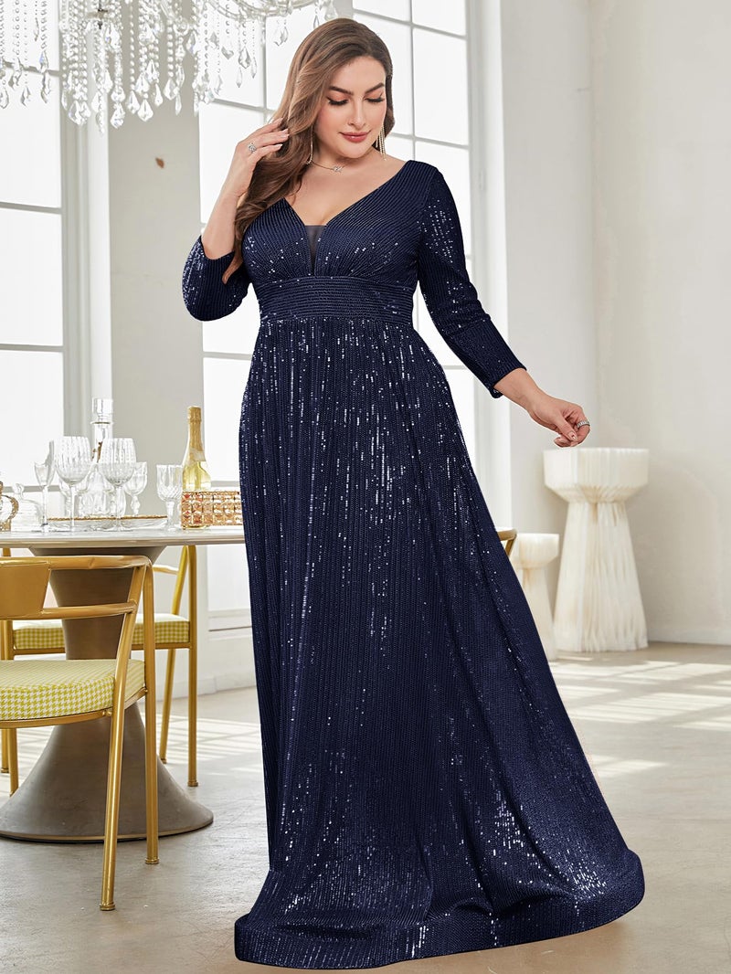 XUIBOL Plus Size Womens Prom Gown Glittery Sequins Long Sleeve V Neck Evening Dress Navy Blue 12 - Image 5