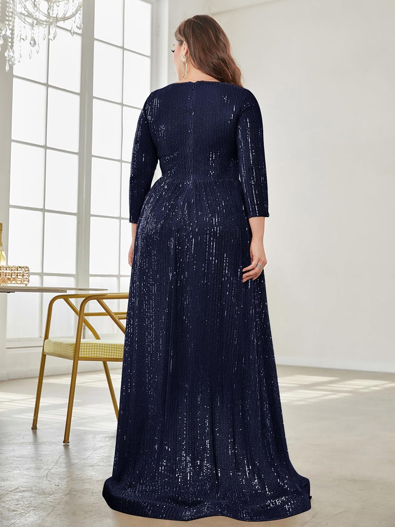 XUIBOL Plus Size Womens Prom Gown Glittery Sequins Long Sleeve V Neck Evening Dress Navy Blue 12 - Image 2