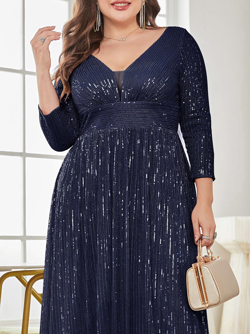 XUIBOL Plus Size Womens Prom Gown Glittery Sequins Long Sleeve V Neck Evening Dress Navy Blue 12 - Image 4