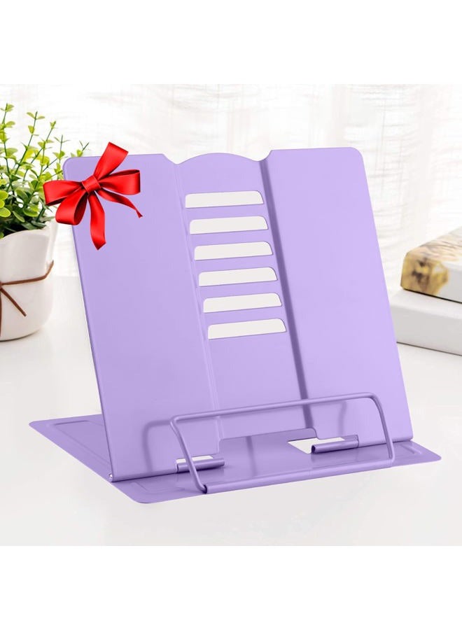 MSDADA Book Stand Metal Reading Rest Book Holder Adjustable Cookbook Documents Holder Portable Sturdy Bookstands for Recipes Textbooks with Page Clips Birthday Gifts for Girls Mom Students(Purple) - Image 1