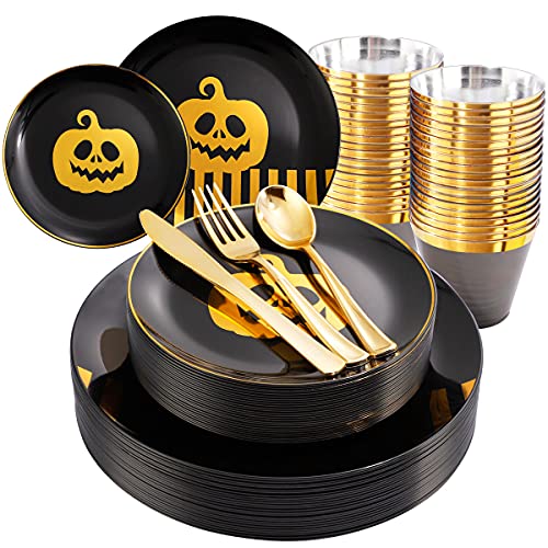 KIRE 25 Guest Halloween Plates Black Gold Plastic Plates Smiley Pumpkin include 50PCS Black 150PCS Gold Plastic Silverware25PCS Clear Black Cups for Halloween Party