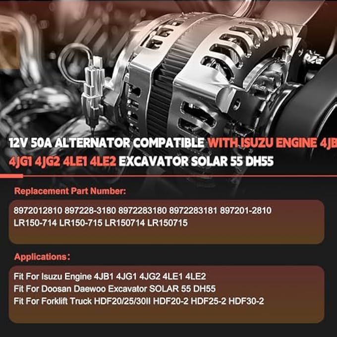 otobaijeni 8972283181 8972012810 LR150-714 Alternator 12V 50A Compatible with Isuzu Engine 4JB1 4JG1 4JG2 4LE1 4LE2 Excavator SOLAR 55 DH55 Engine Replacement Parts - Image 2