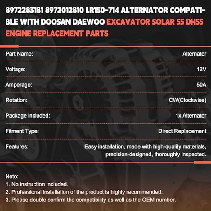otobaijeni 8972283181 8972012810 LR150-714 Alternator 12V 50A Compatible with Isuzu Engine 4JB1 4JG1 4JG2 4LE1 4LE2 Excavator SOLAR 55 DH55 Engine Replacement Parts - Image 3