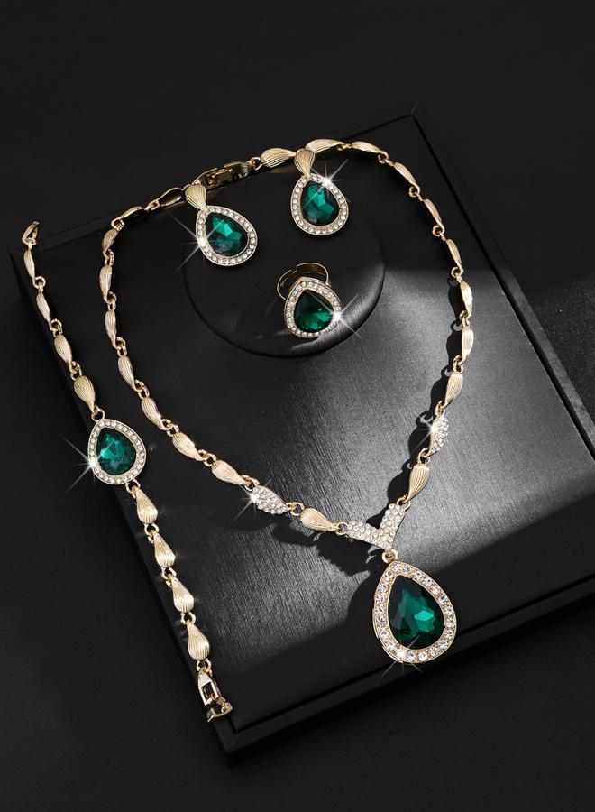 Take Two 4-Piece Green Rhinestone Drop Necklace, Bracelet, Ring and Earrings Jewelry Set - Image 2