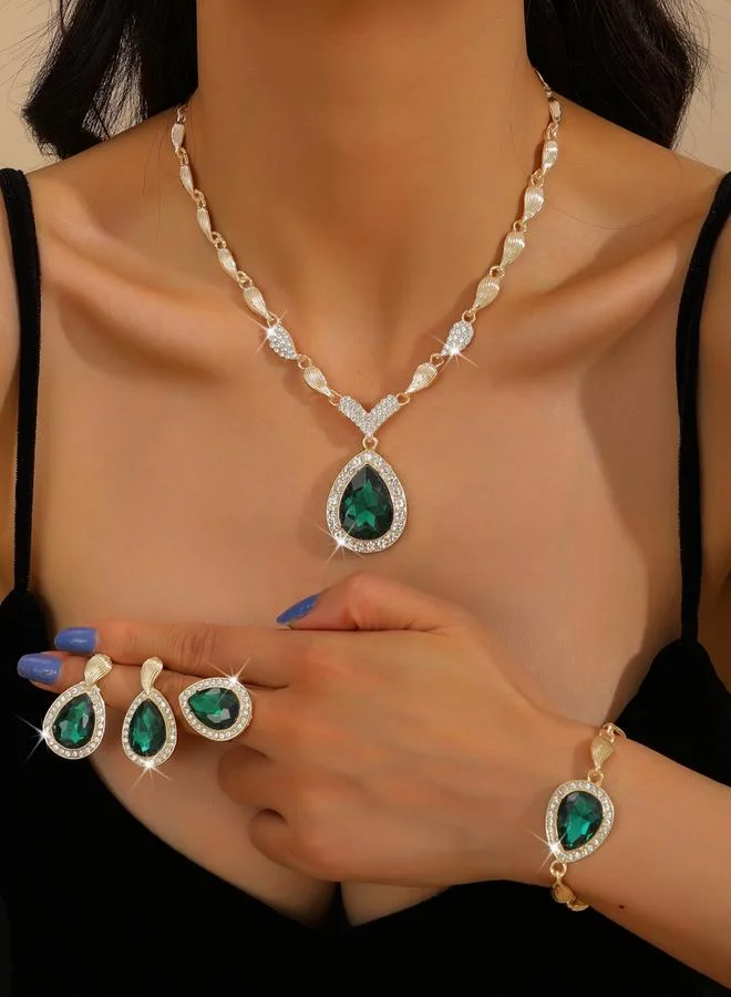 Take Two 4-Piece Green Rhinestone Drop Necklace, Bracelet, Ring and Earrings Jewelry Set