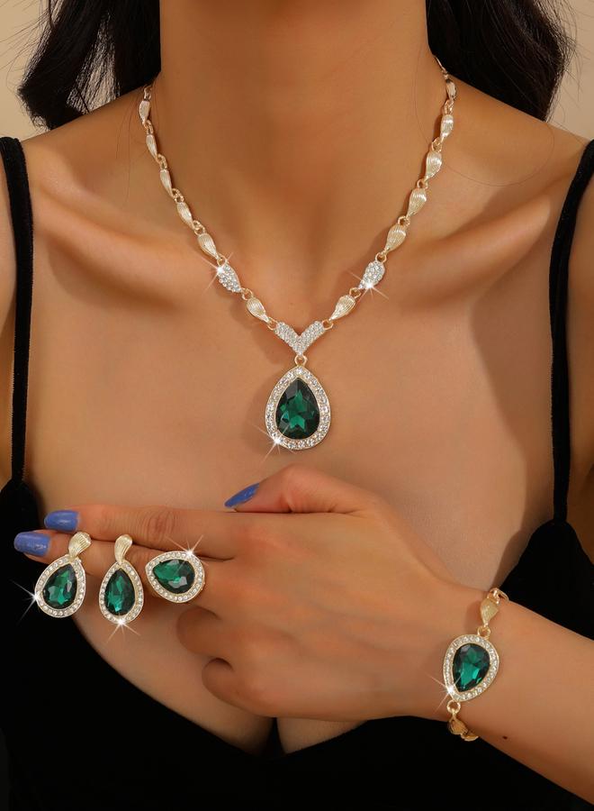 Take Two 4-Piece Green Rhinestone Drop Necklace, Bracelet, Ring and Earrings Jewelry Set - Image 1