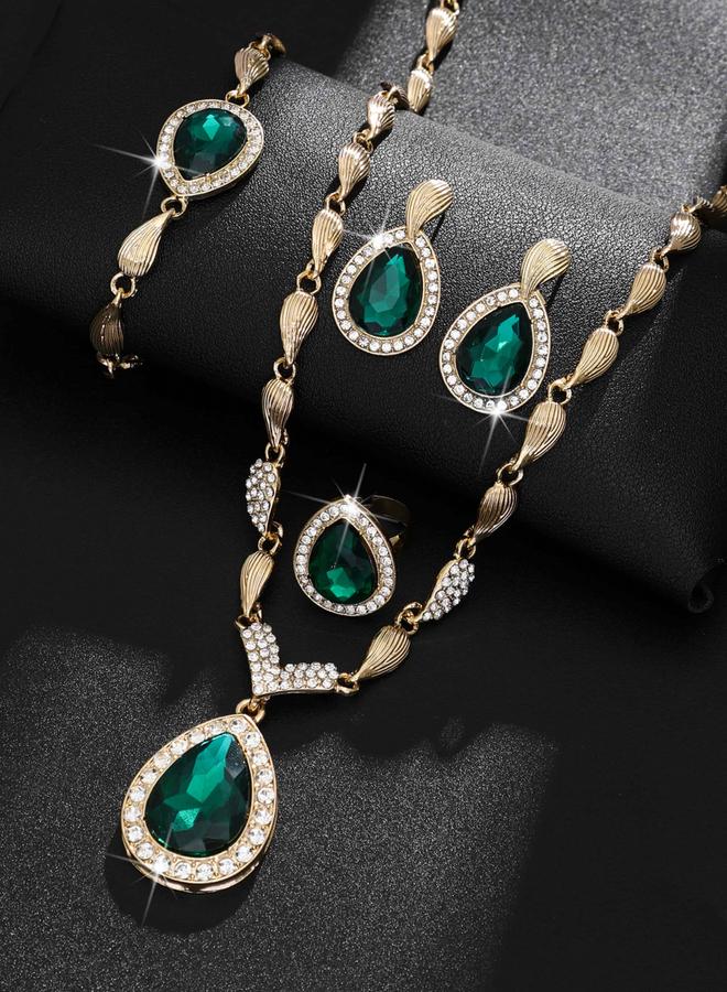 Take Two 4-Piece Green Rhinestone Drop Necklace, Bracelet, Ring and Earrings Jewelry Set - Image 4