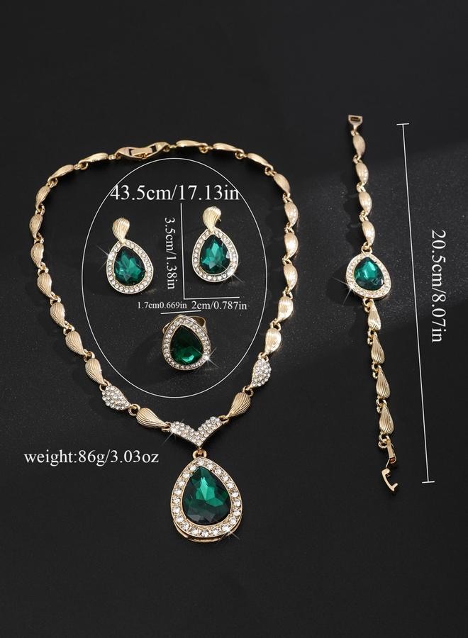 Take Two 4-Piece Green Rhinestone Drop Necklace, Bracelet, Ring and Earrings Jewelry Set - Image 3