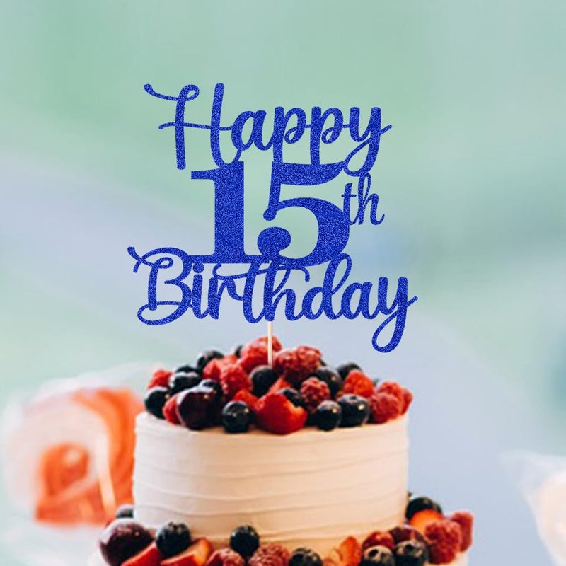 Kaoenla Glitter Happy 15th Birthday Cake Topper Hello 15 Cheers to 15 Years 15th Anniversary /15 years old birthday Party Decor (15th  blue) - Image 3