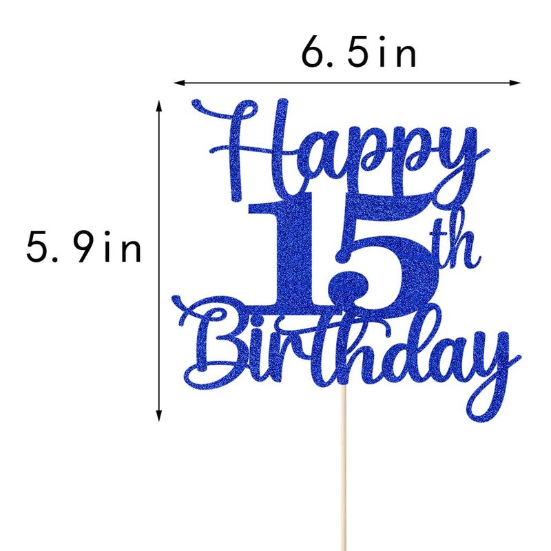 Kaoenla Glitter Happy 15th Birthday Cake Topper Hello 15 Cheers to 15 Years 15th Anniversary /15 years old birthday Party Decor (15th  blue) - Image 2