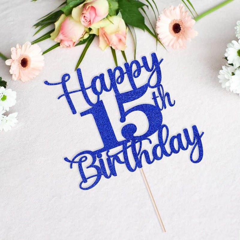 Kaoenla Glitter Happy 15th Birthday Cake Topper Hello 15 Cheers to 15 Years 15th Anniversary /15 years old birthday Party Decor (15th  blue) - Image 5