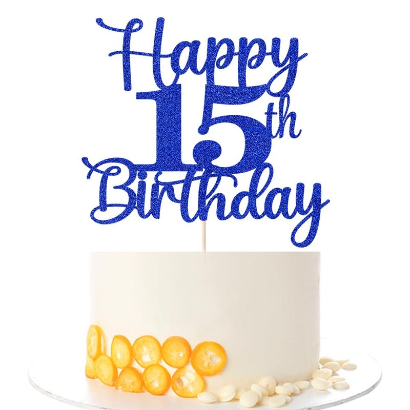 Kaoenla Glitter Happy 15th Birthday Cake Topper Hello 15 Cheers to 15 Years 15th Anniversary /15 years old birthday Party Decor (15th  blue) - Image 1