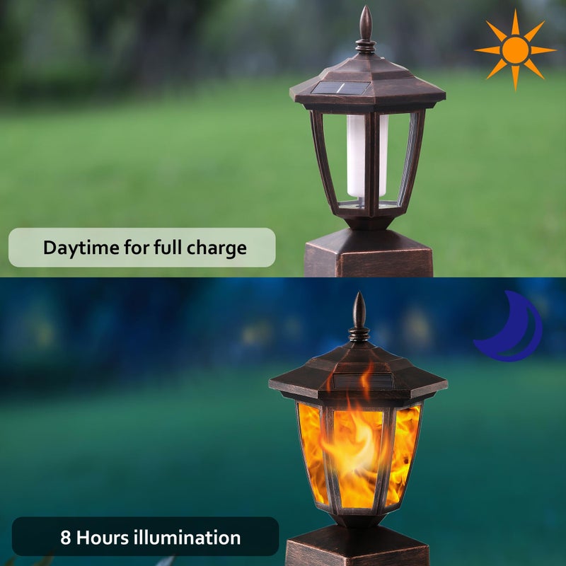 Dynaming 4 Pack Solar Flame Post Lights Outdoor, Solar Powered Lamps Fence Post Cap Lights, Flickering Flame LED Lantern Waterproof for Garden Deck Patio, Fit 4x4, 5x5 or 6x6 Wooden Posts, Bronze - Image 3