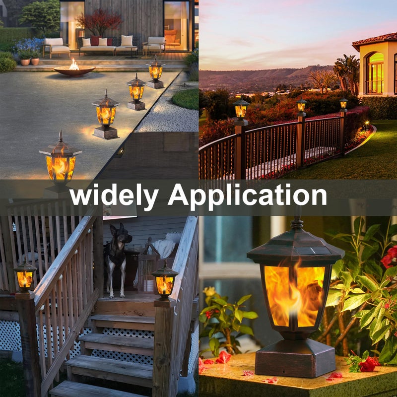 Dynaming 4 Pack Solar Flame Post Lights Outdoor, Solar Powered Lamps Fence Post Cap Lights, Flickering Flame LED Lantern Waterproof for Garden Deck Patio, Fit 4x4, 5x5 or 6x6 Wooden Posts, Bronze - Image 5