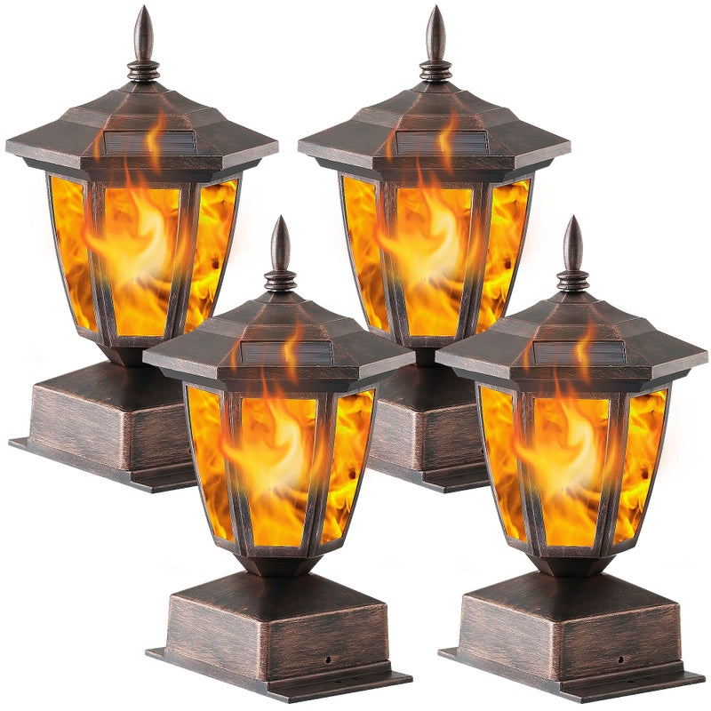 Dynaming 4 Pack Solar Flame Post Lights Outdoor, Solar Powered Lamps Fence Post Cap Lights, Flickering Flame LED Lantern Waterproof for Garden Deck Patio, Fit 4x4, 5x5 or 6x6 Wooden Posts, Bronze - Image 1