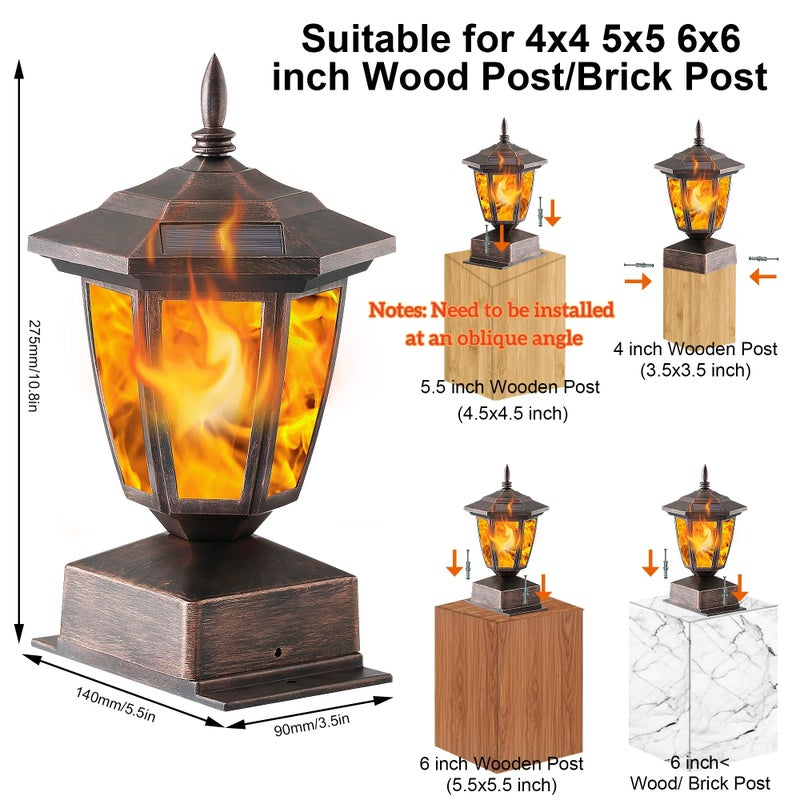 Dynaming 4 Pack Solar Flame Post Lights Outdoor, Solar Powered Lamps Fence Post Cap Lights, Flickering Flame LED Lantern Waterproof for Garden Deck Patio, Fit 4x4, 5x5 or 6x6 Wooden Posts, Bronze - Image 2