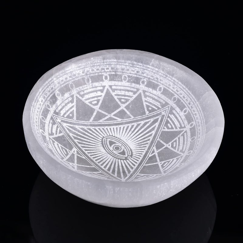 AMOYSTONE 4 Round Selenite Stone Bowl Dish Hand Carved Demon Eye 1 Crystal Charging Station Healing Bowl