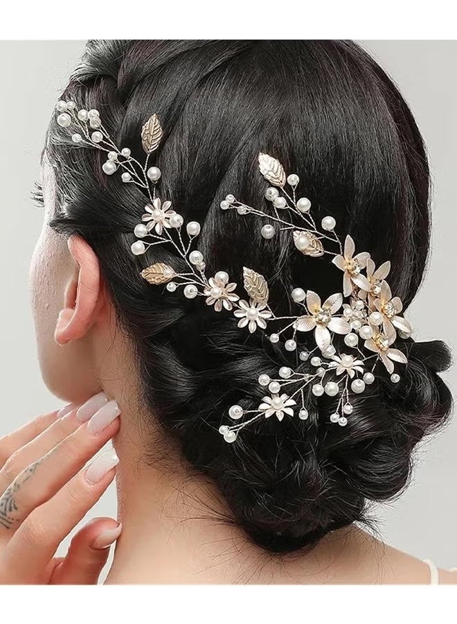 Gold Flower Wedding Prom Hair Accessories for Women Girls, Gold Hair Piece Vines Crystal Headband Pearls Handmade Wedding Hair Accessories - Image 1