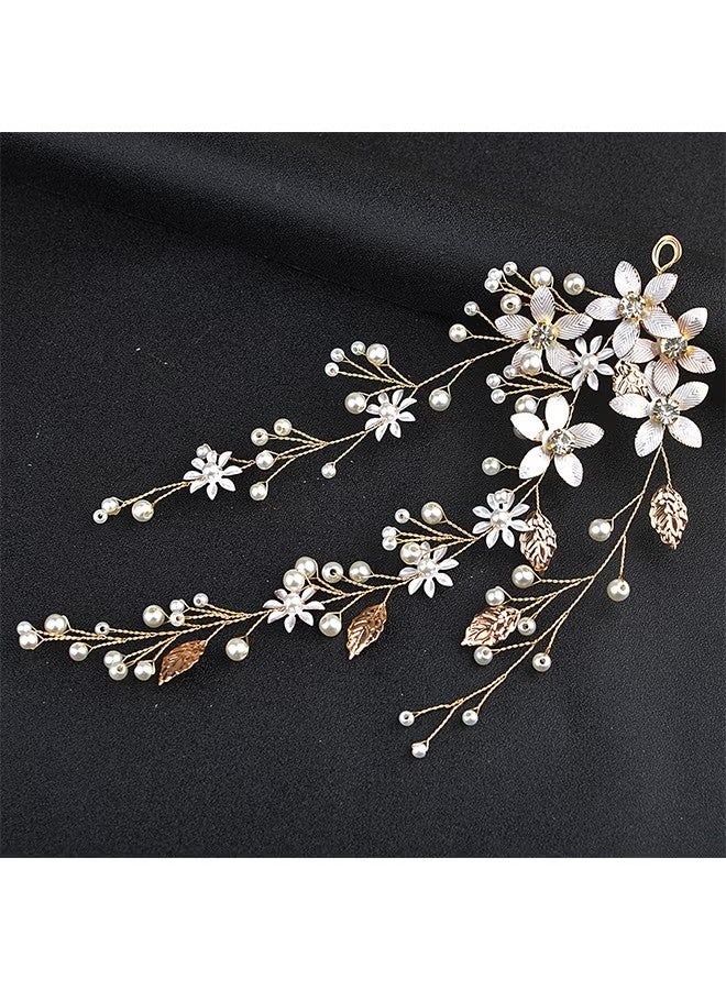 Gold Flower Wedding Prom Hair Accessories for Women Girls, Gold Hair Piece Vines Crystal Headband Pearls Handmade Wedding Hair Accessories - Image 2