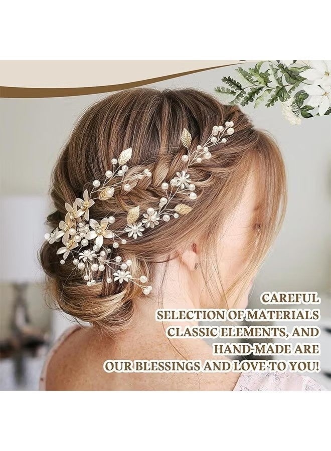 Gold Flower Wedding Prom Hair Accessories for Women Girls, Gold Hair Piece Vines Crystal Headband Pearls Handmade Wedding Hair Accessories - Image 5