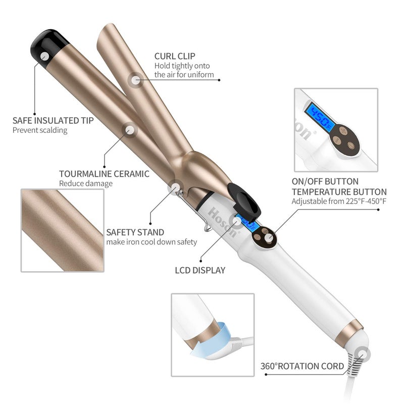 Hoson 1 1/4 Inch Curling Iron Dual Voltage, Ceramic Long Barrel 1.25 Inch Hair Curling Iron for Long Hair, LCD Display with 9 Heat Setting(225°F-450°F for All Hair Types, Glove Include) - Image 5
