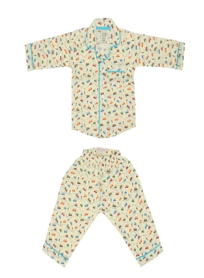 A toddler thing 100% Organic Muslin Full Sleeves Sleepsuit | Top & Pants | Night Suit for Boys & Girls | Sleepwear Baby Products | Pajama Set | Full Cover Dress | Print- OntheRoad | Size- 3-4y - Image 1