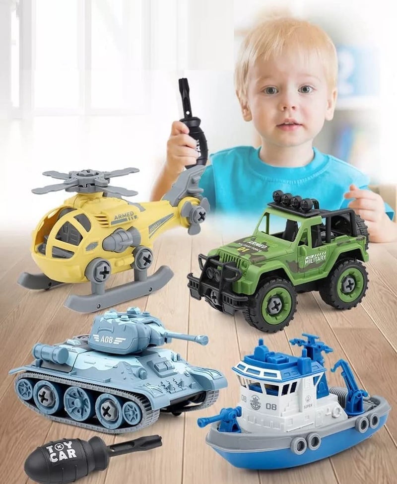 Tec Tavakkal سيارة ألعاب عسكرية قابلة للطي 4 قطع مع مفك براغي، ألعاب STEM للأطفال، تشمل هليكوبتر، جيب، دبابة وقارب، هدايا عيد ميلاد للأطفال من 2 إلى 6 سنوات - Image 2