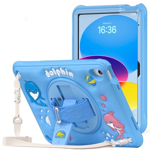 ProElite Cover for Apple iPad (A16) 11th/10th Generation (2025/2022) Case Cover, Tough Bubble Kids case Cover for Apple iPad 11th/10th Gen 2025/2022 with Rotating Kickstand & Shoulder Strap, Blue - Image 1