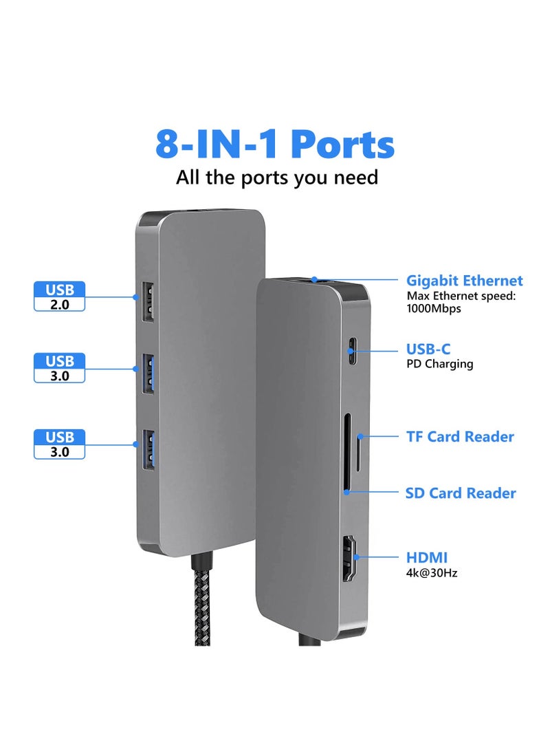 إيروريكس موزع USB C 8 في 1 مع محول HDMI 4K، ومنفذ إيثرنت بسرعة 1000 ميجا بت في الثانية، وشحن PD بقوة 100 وات، وقارئ بطاقات SD 3.0 وTF 3.0، ومنفذ USB 3.0 ومنفذ USB 2.0 للكمبيوتر المحمول USB-C وجهاز من النوع C  - Image 2