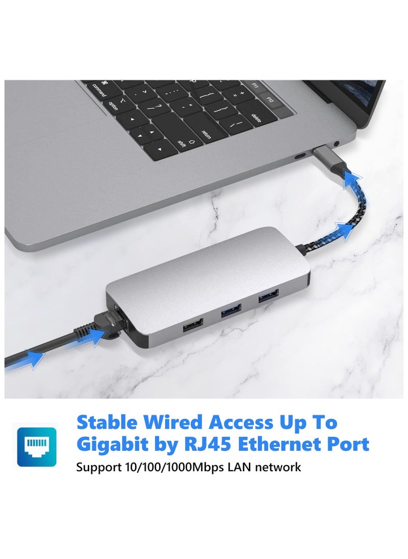إيروريكس موزع USB C 8 في 1 مع محول HDMI 4K، ومنفذ إيثرنت بسرعة 1000 ميجا بت في الثانية، وشحن PD بقوة 100 وات، وقارئ بطاقات SD 3.0 وTF 3.0، ومنفذ USB 3.0 ومنفذ USB 2.0 للكمبيوتر المحمول USB-C وجهاز من النوع C  - Image 3