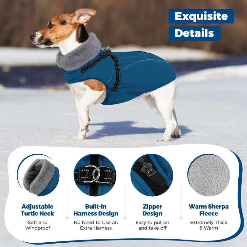 Queenmore Dog Jackets for Large Dogs, Dog Coat with Harness Built in,Waterproof Dogs Coats with Zipper On Back,Warm Fleece Lining Cold Weather Pet Coats with Furry Collar for Labrador,Blue,L - Image 2