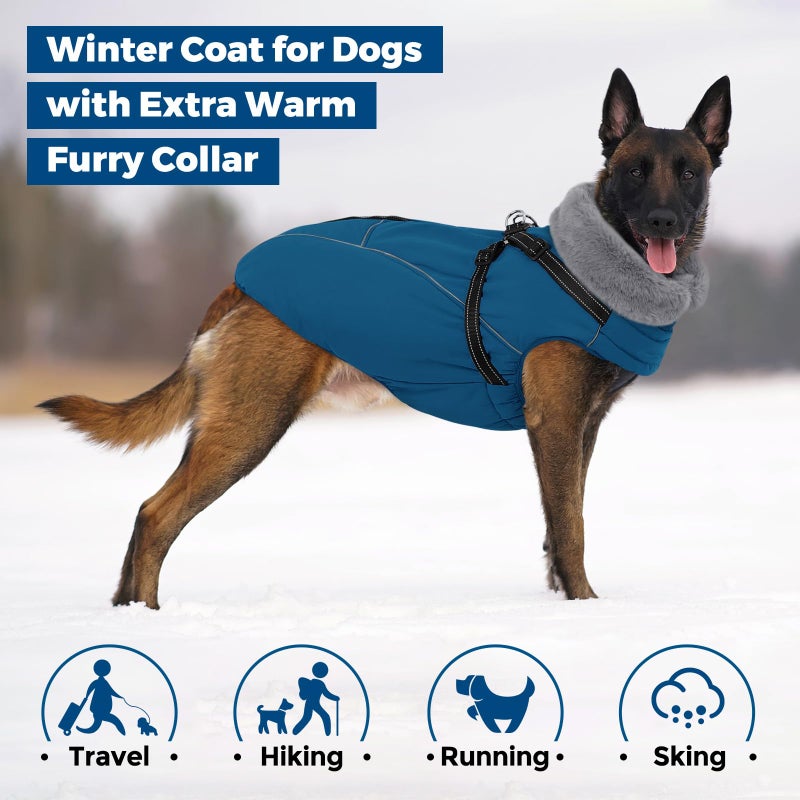 Queenmore Dog Jackets for Large Dogs, Dog Coat with Harness Built in,Waterproof Dogs Coats with Zipper On Back,Warm Fleece Lining Cold Weather Pet Coats with Furry Collar for Labrador,Blue,L - Image 5