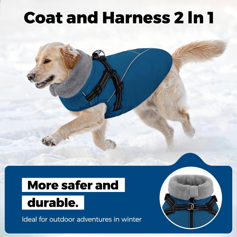 Queenmore Dog Jackets for Large Dogs, Dog Coat with Harness Built in,Waterproof Dogs Coats with Zipper On Back,Warm Fleece Lining Cold Weather Pet Coats with Furry Collar for Labrador,Blue,L - Image 4