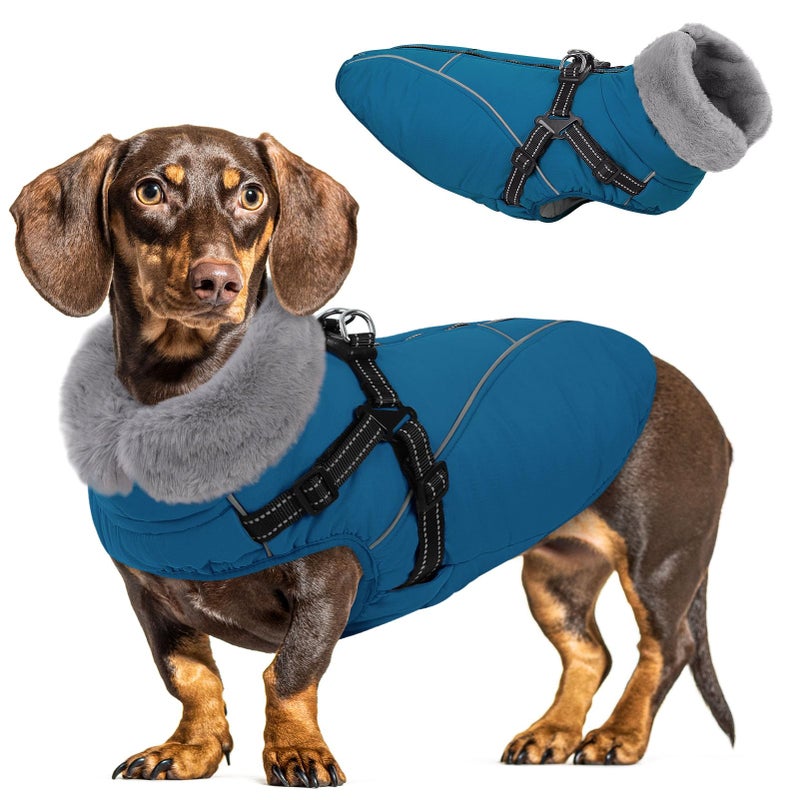 Queenmore Dog Jackets for Large Dogs, Dog Coat with Harness Built in,Waterproof Dogs Coats with Zipper On Back,Warm Fleece Lining Cold Weather Pet Coats with Furry Collar for Labrador,Blue,L - Image 1