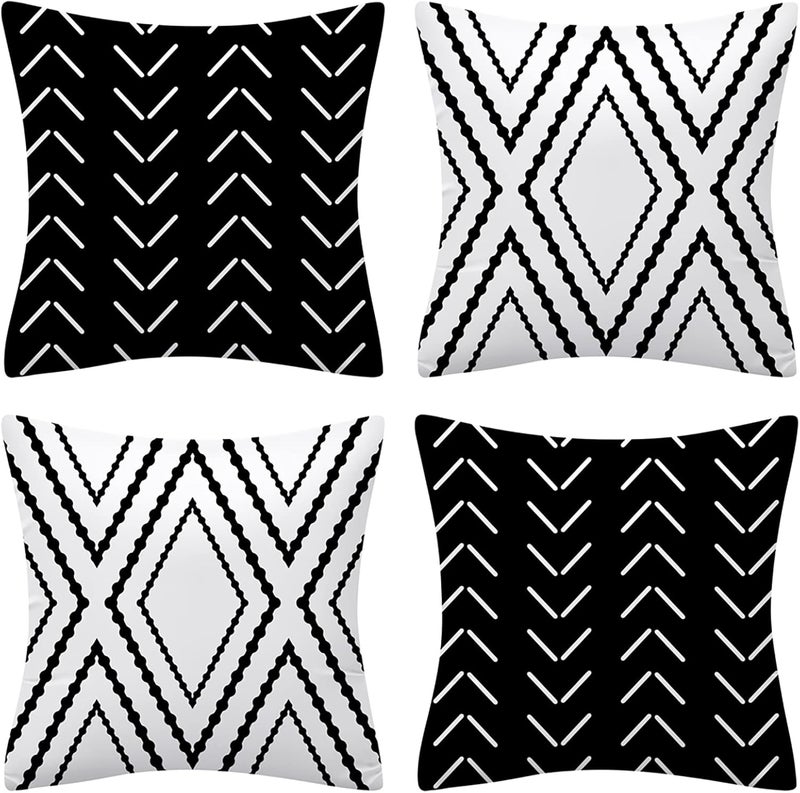 Drmstow Set of 4 Pillow Covers 18x18 Inches Black and White Boho Throw Pillow Covers Modern Geometric Pattern Decorative Cushion Pillowcases for Home Decor Couch Bedroom Sofa Chair Car - Image 1