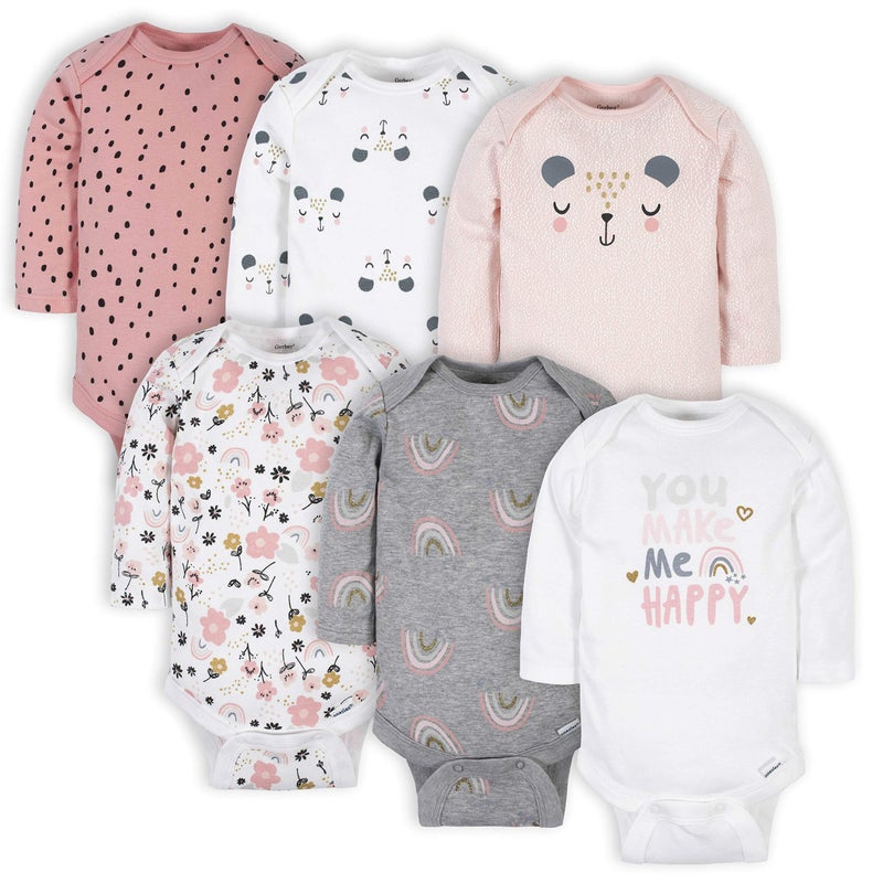 Gerber Baby Girls 6-Pack Long-Sleeve Onesies Bodysuits and Toddler T-Shirt Set, Bear Pink, 0-3 Months US - Image 1