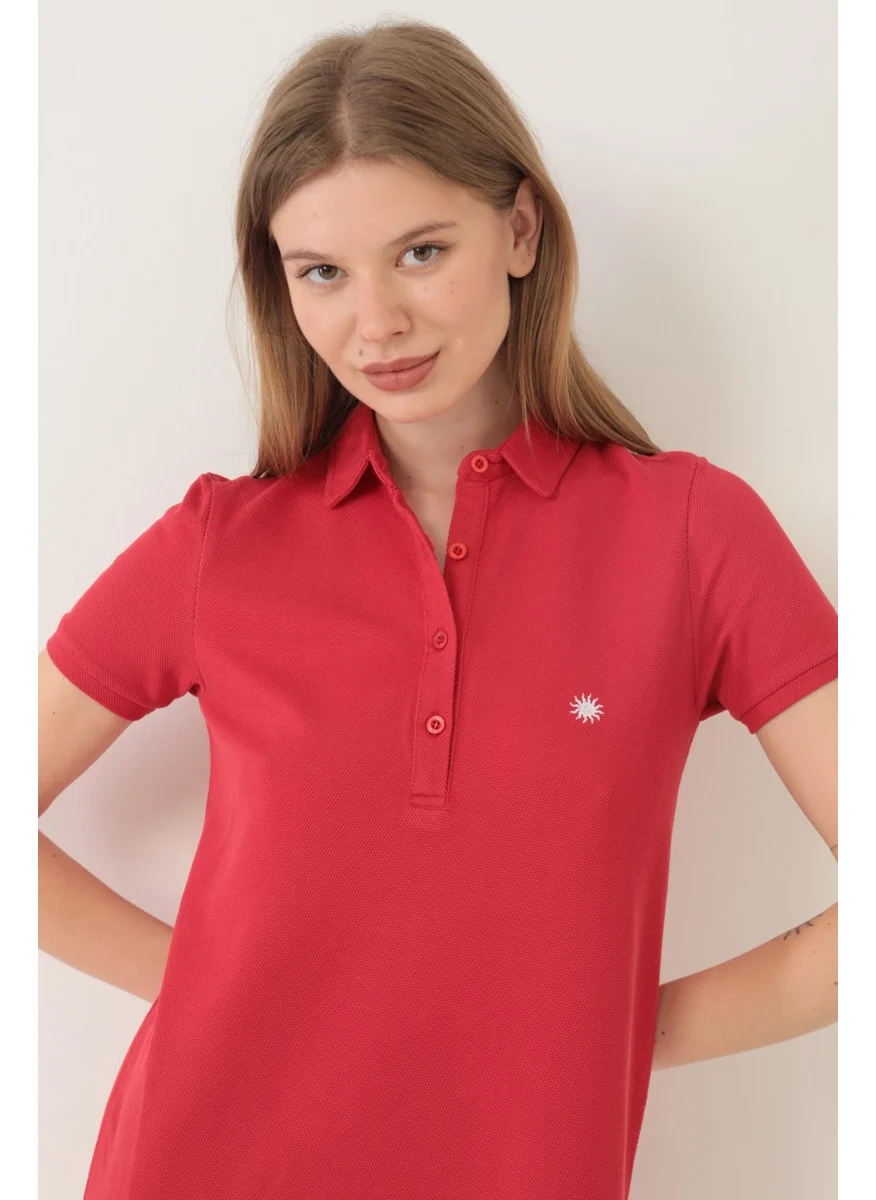 Miron Red Women's Polo Collar Short Sleeve Knitted Dress -2431