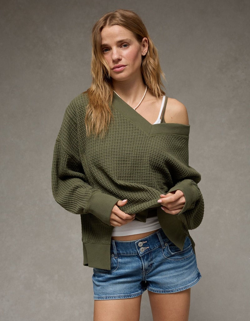 American Eagle AE Big Hug V-Neck Waffle Sweatshirt - Image 1