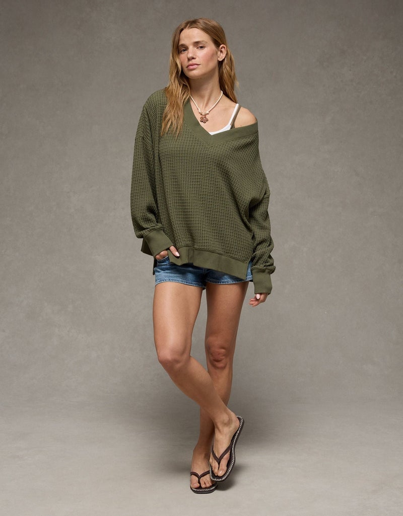 American Eagle AE Big Hug V-Neck Waffle Sweatshirt - Image 3