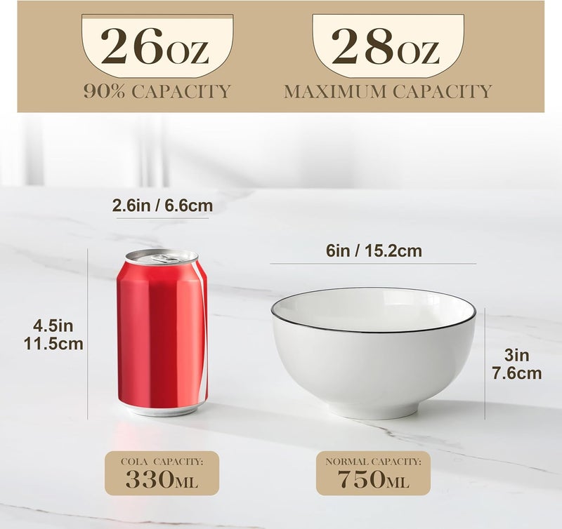 MALACASA , Ceramic Soup Bowls, Set of 6 26 oz Bowls for Cereal, Soup, Oatmeal, Fruits, Rice - Porcelain Serving Bowl for Kitchen, Dishwasher and Microwave Safe, Series - Image 2