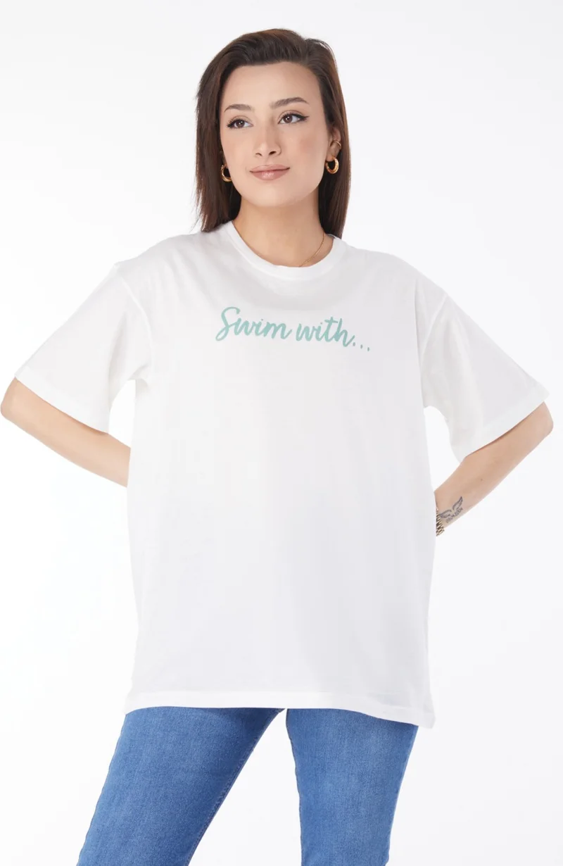 Tofisa 24650-EKRU Crew Neck Short Sleeve Printed T-Shirt