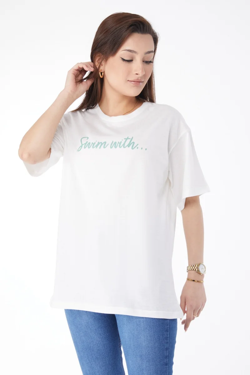 Tofisa 24650-EKRU Crew Neck Short Sleeve Printed T-Shirt